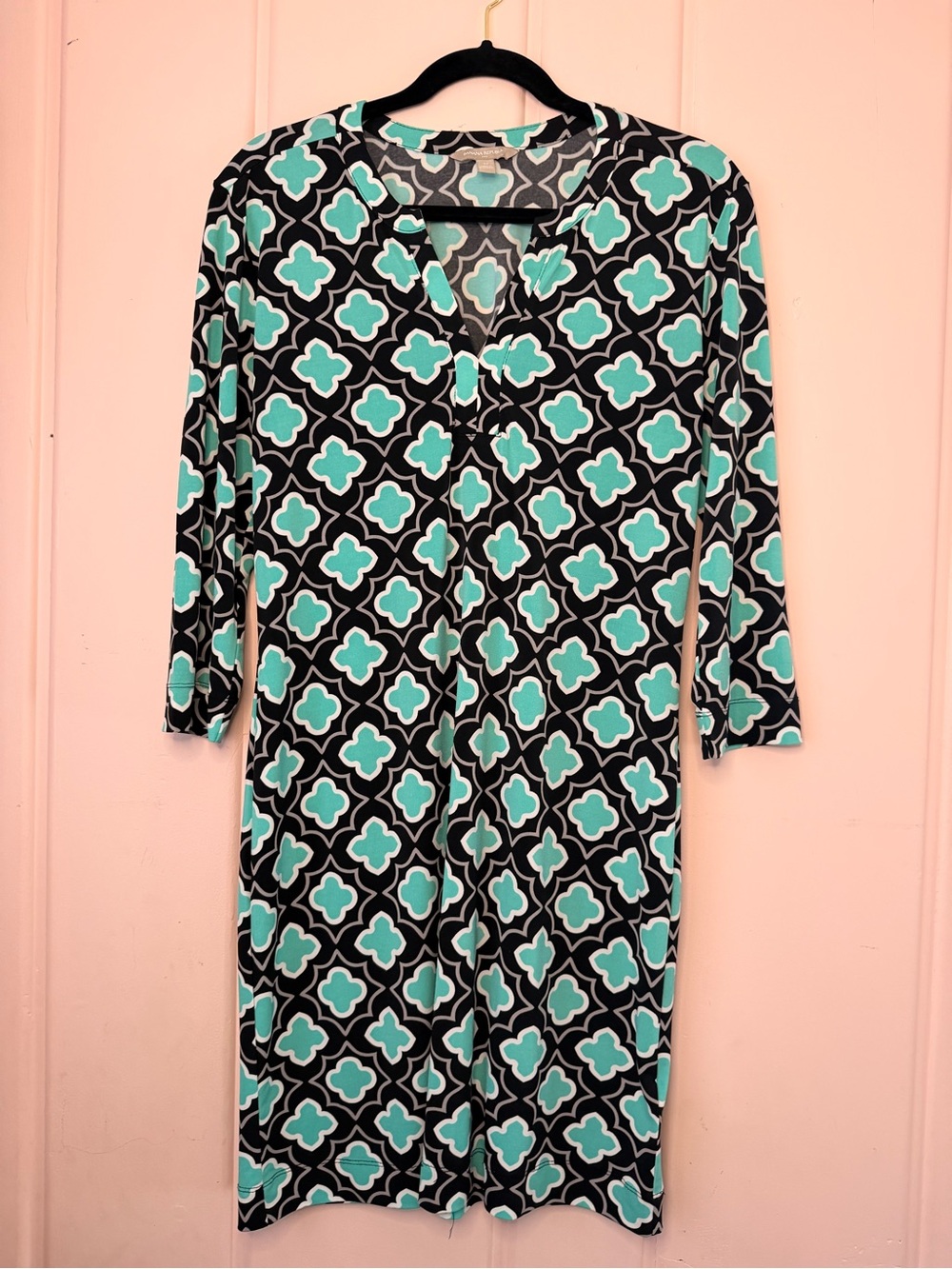 Banana Republic Women’s Printed Black & Aqua Geometric Shift Dress szM